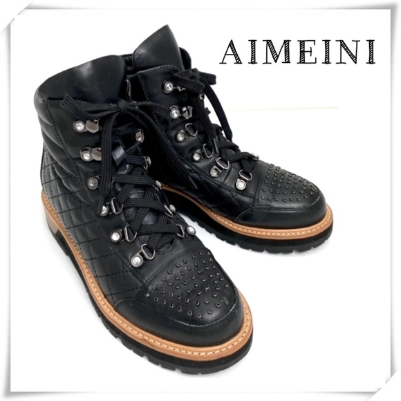 Am AImeini Studded Lace up Lambskin Leather Biker Boot in Black - Picture 1 of 12